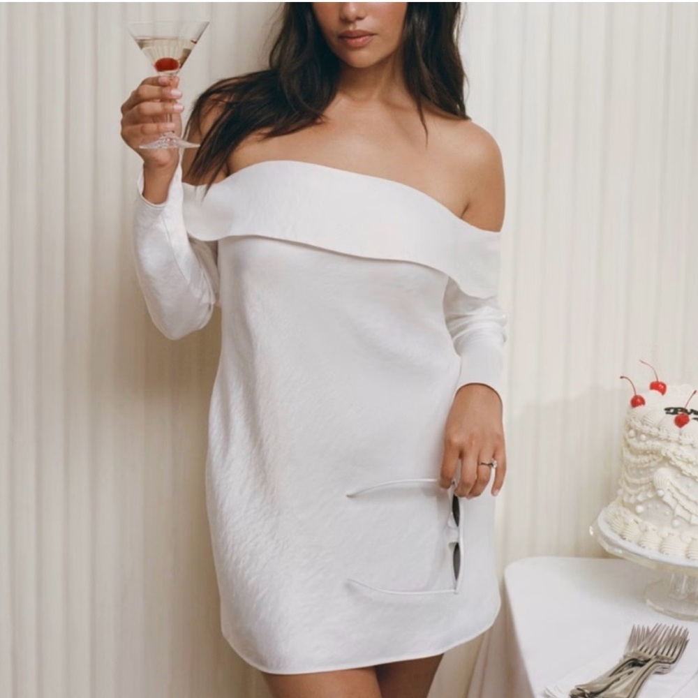 Long sleeve off the shoulder white mini dress